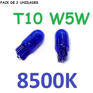 PacK de 2 bombilla de posicion para coche o moto azulada 8500k 8000k azul cristal homologada t10 w5w de cuña 